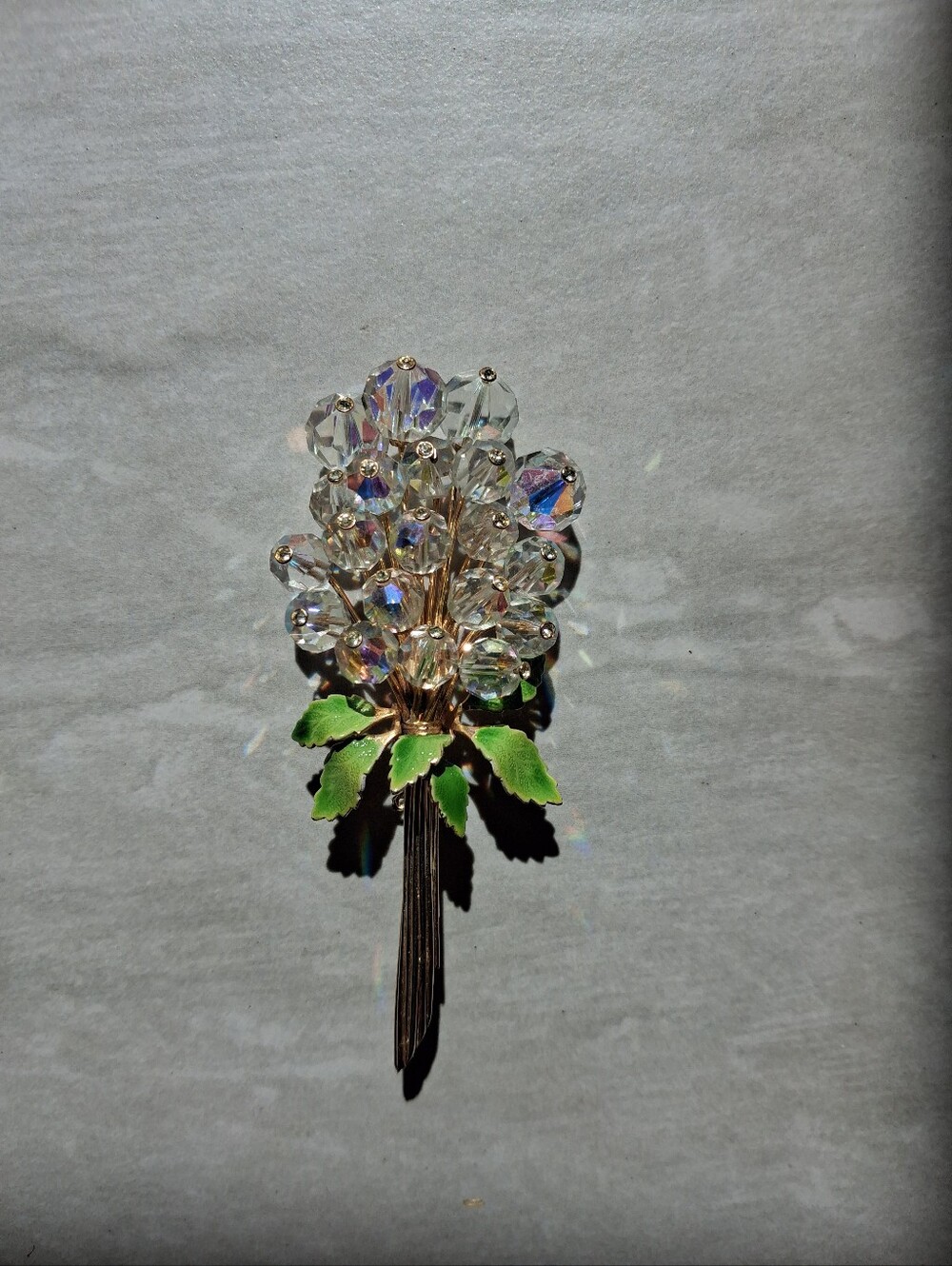 Crystal Flower Bouquet Brooch - Green Leaves